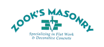 Zook's Masonry logo with teal cross and text: “Specializing in Flat Work & Decorative Concrete”