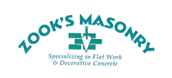 Zook's Masonry logo with teal cross and text: “Specializing in Flat Work & Decorative Concrete”